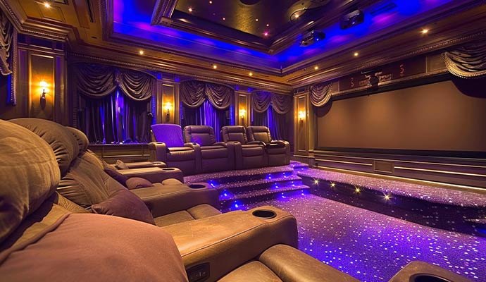 A luxury custom-built home theater room in a finished basement