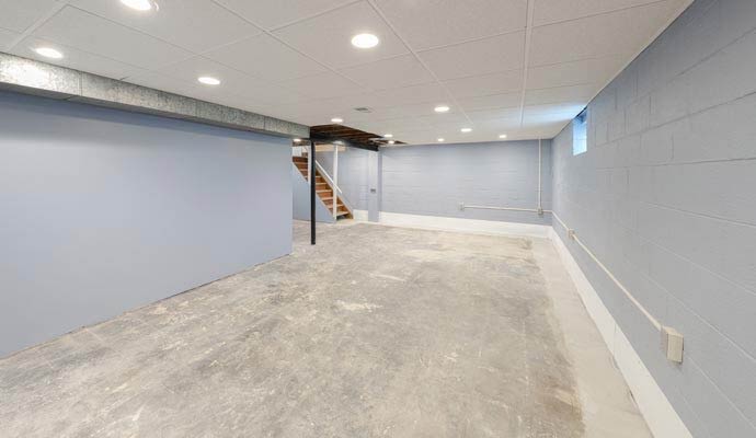 A spacious, partially finished residential basement