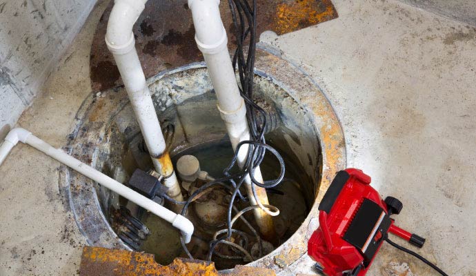 An overhead view of an open concrete sump pump pit in a basement floor