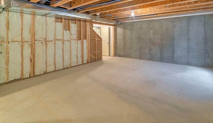 An unfinished basement with fiberglass insulation wall