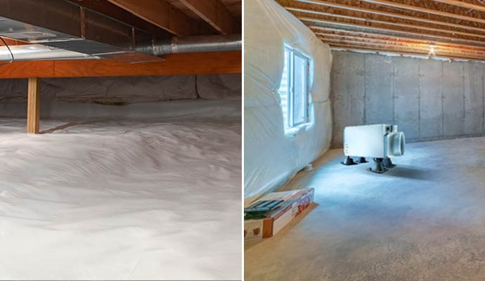 Basement encapsulation and installed dehumidifiers
