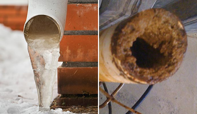 Collage of frozen and clogged pipe