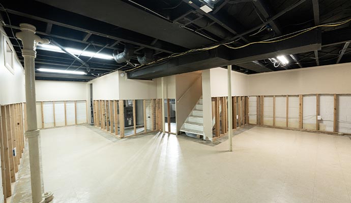 Clean and dry basement with wood framing & black ceiling