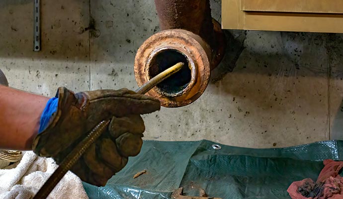 Professional plumber performing a clog removal service in a drainage system