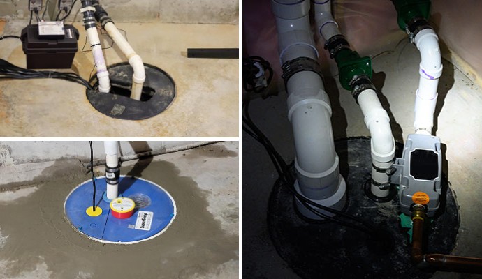 Collage of backup sump pump, secondary sump,pump and installed sump pump kit