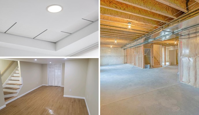 Collage of basement ceiling, wall and insulation service