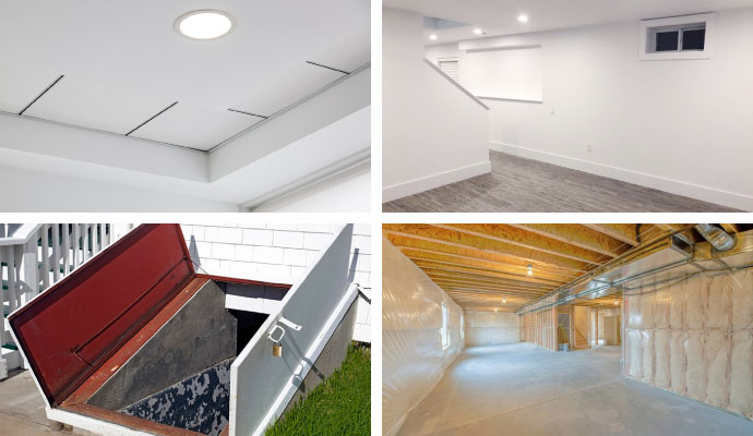 Collage of basement ceilings, walls, doors and insulation