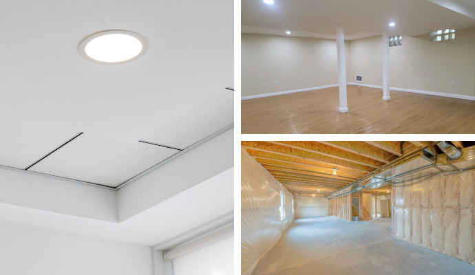 Collage of basement ceilings, walls and insulation