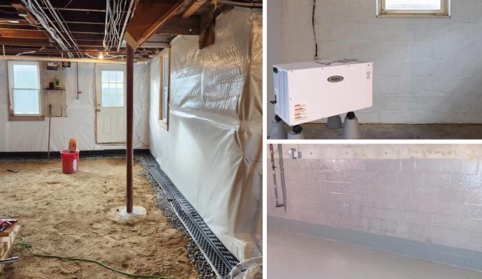 Collage of basement drainage, dehumidification, and waterproofed basement
