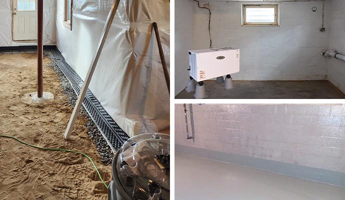 Collage of basement drainage system, installed dehumidifier and wall system