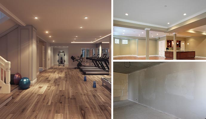 Collage of basement finishing, basement ceiling and basement wall