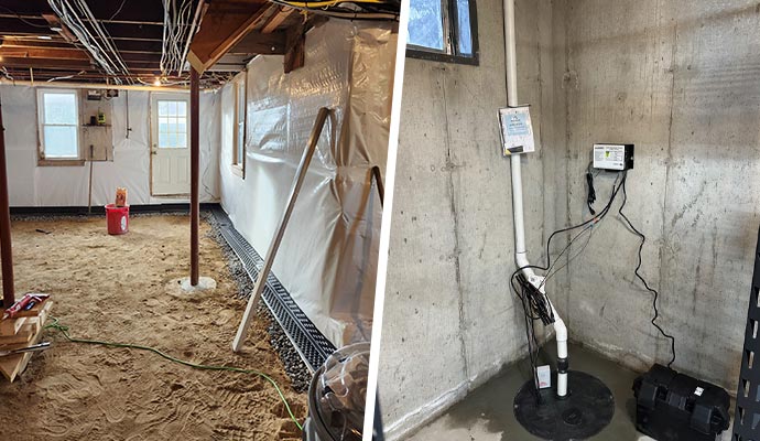 Collage of basementproofing progress and installed sump pump