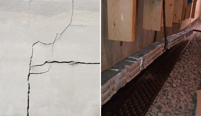 Collage of cracked wall and drainage system