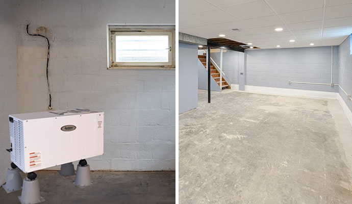 Collage of dehumidifier in basement and a clean basement