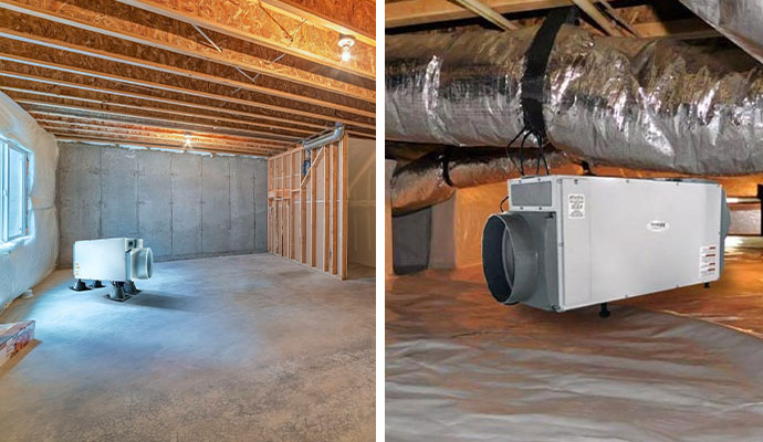 Collage of dehumidifiers in basement and crawl space