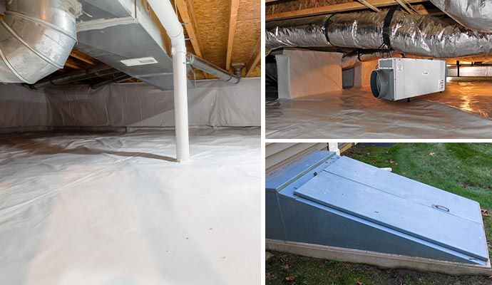 Collage of encapsulated crawl space, installed dehumidifier and access door