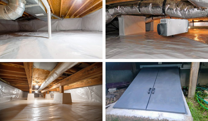 Collage of encapsulation, dehumidification, waterproofing, access door