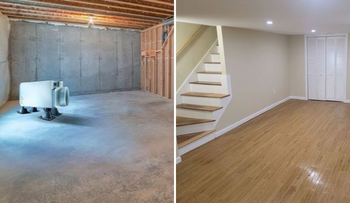 Collage of installed dehumidifier and basement finishing