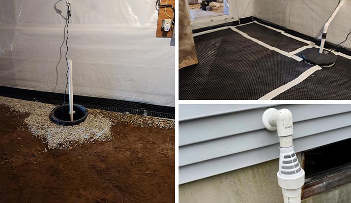 Collage of installed sump pump and discharge line