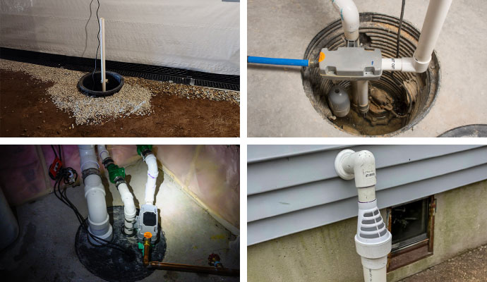 Collage of sump pump installation, repair, maintenance, discharge line