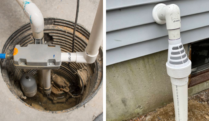 Collage of sump pump installed, and discharge line