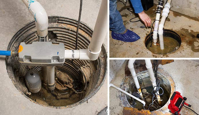 Collage of sump pump installed, repairing and maintenance service