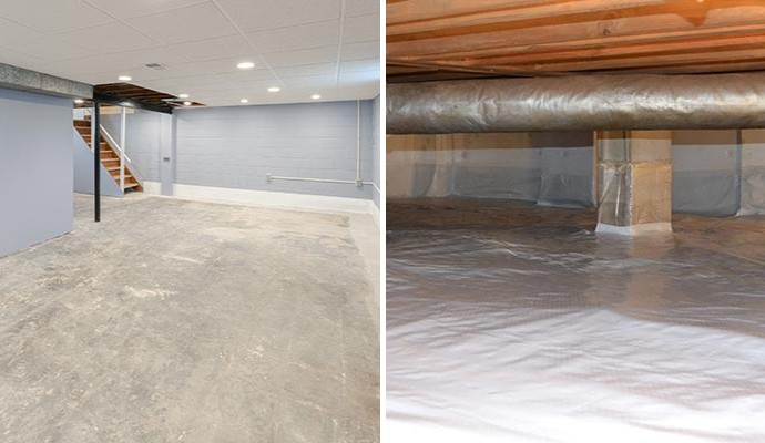 Collage of waterproofed basement and crawl space