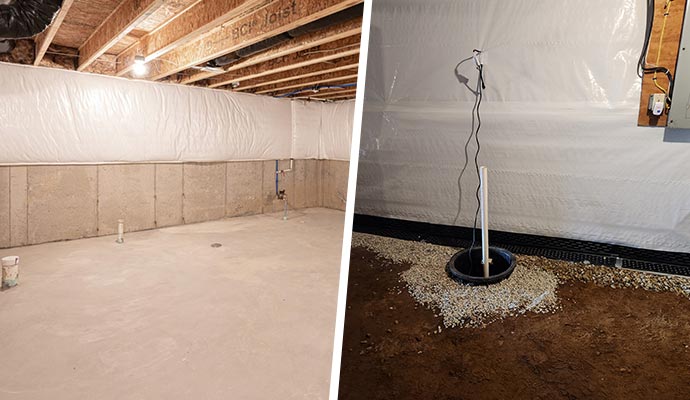 Collage of waterproofed basement and installed sump pump