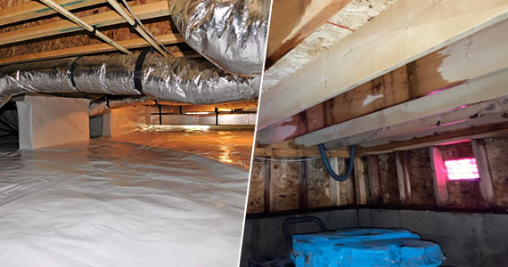 Collage of crawl space encapsulation and installed dehumidifier