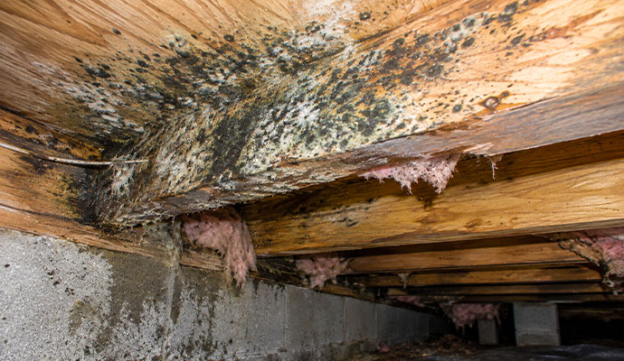 Extensive mold growth on wooden joists and subflooring in a damp crawl space