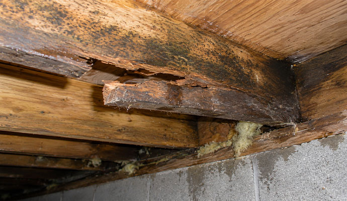 Severely rotted and damaged wooden floor joist with mold in a crawl space