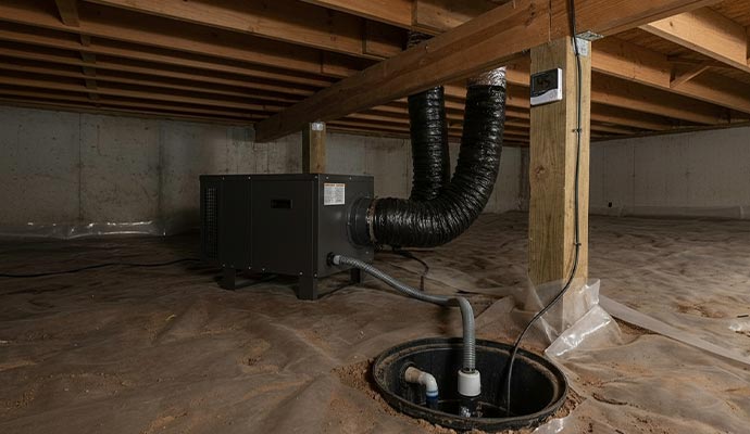 Crawl space dehumidifier with sump pump