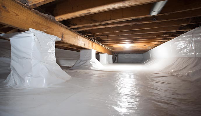 Crawl space vapor barrier on support piers