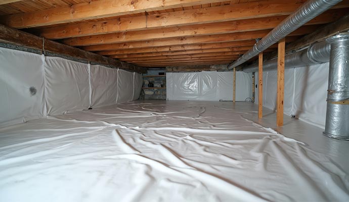 Crawl space vapor barrier with stone foundation