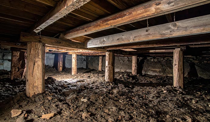 Dirt crawl space with wooden support pillars