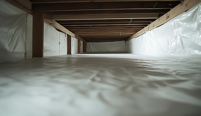 Long crawl space with vapor barrier lining