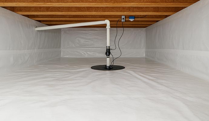 Waterproofed crawl space with sump pump