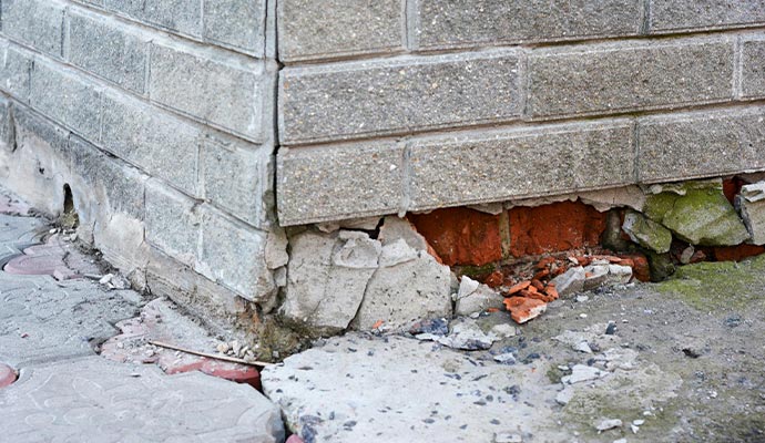 Damaged concrete brick building foundation corner