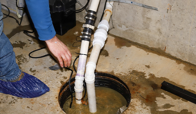 Technician fixing a discharge line inside a crawl space