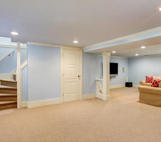 Finished basement with carpet flooring