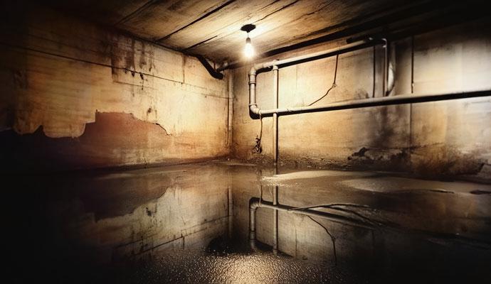Flooded basement with water damage and plumbing issues Flooded basement with water damage and plumbing issues
