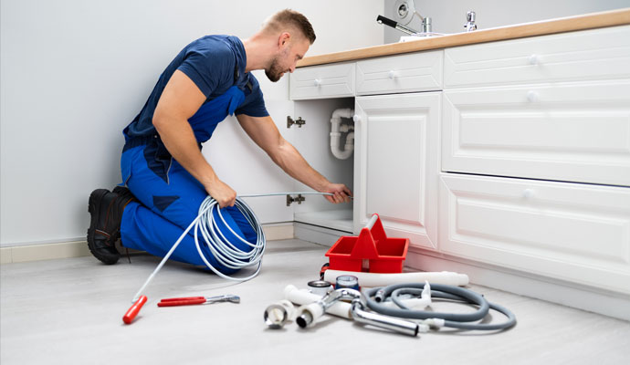 plumber cleaning clogged sink pipe