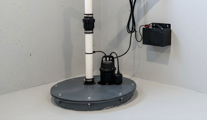 Sump pump system with a wall-mounted backup battery unit installed in a basement