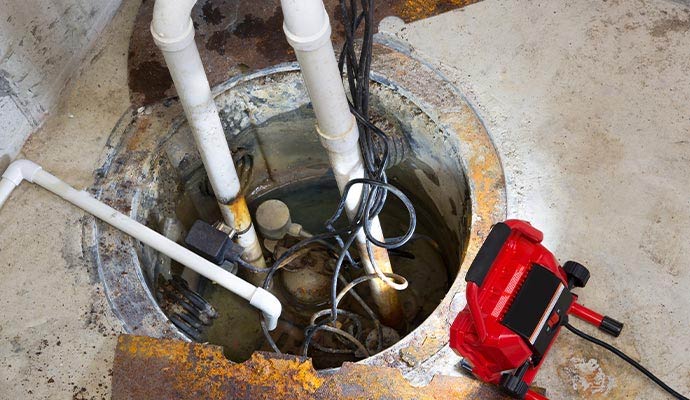 Basement sump pump inspection with work light