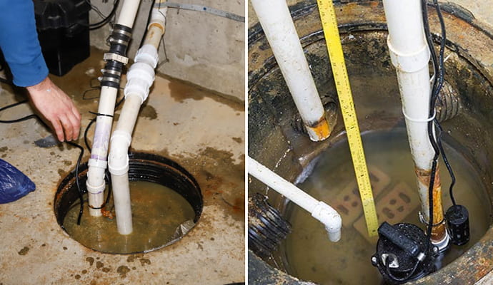 Collage of discharge line and sump pump installation