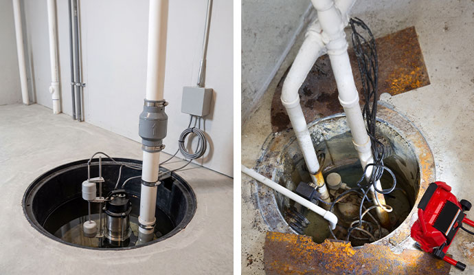 Comparison of a newly installed sump pump basin and an old rusted sump pit needing repair