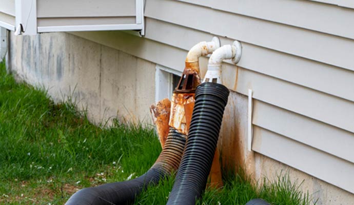 Two damaged rusty sump-pump discharge line