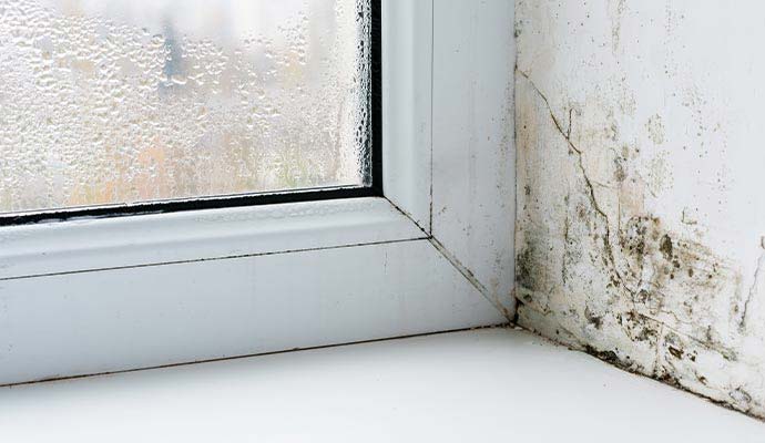 Water droplets on window glass and mold on wall