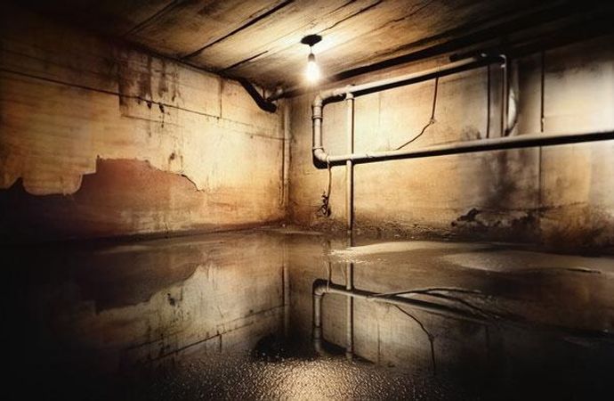 Water-leaked flooded basement showing mold buildup and odor issues