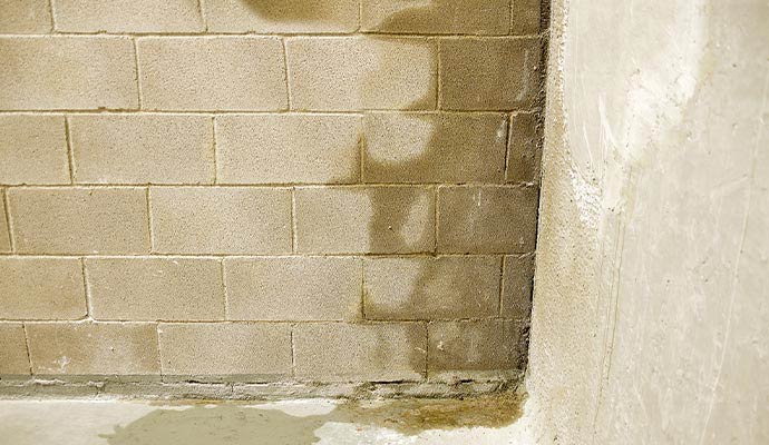 Water leaking from the corner of a basement wall